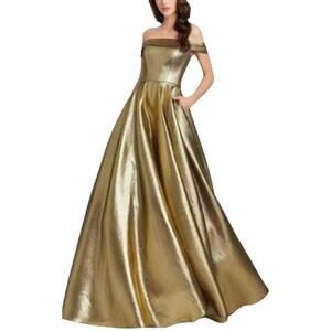 NEW IEENA FOR MAC DUGGAL off the shoulder metallic ball gown in gold